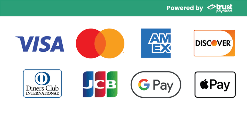 VISA, Mastercard, American Express, Discover, Diners Club, JCB, Google Pay and Apple Pay accepted. Powered by Trust Payments.